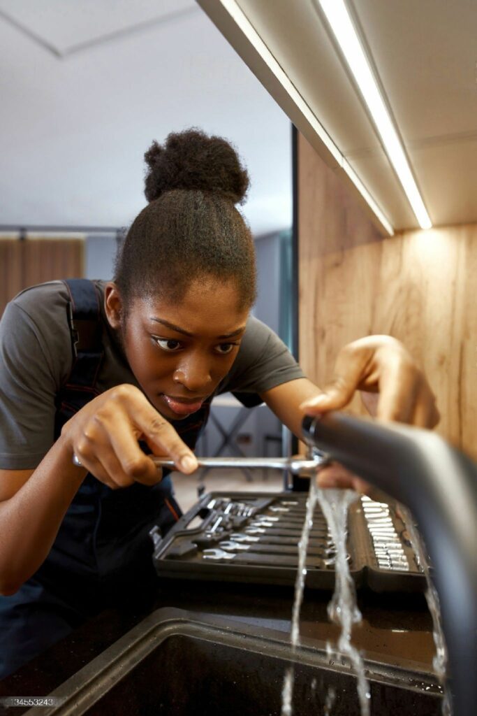 Portrait of young skilful African woman plumber, focusing on fixing kitchen tap leakage.